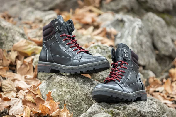Men Black Leather Boots Stylish Winter Shoes — Stock Photo, Image