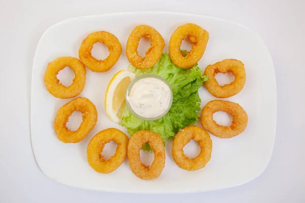 Deep Fried Calamari Rings Squid Rings Sauce Plate — Stock Photo, Image