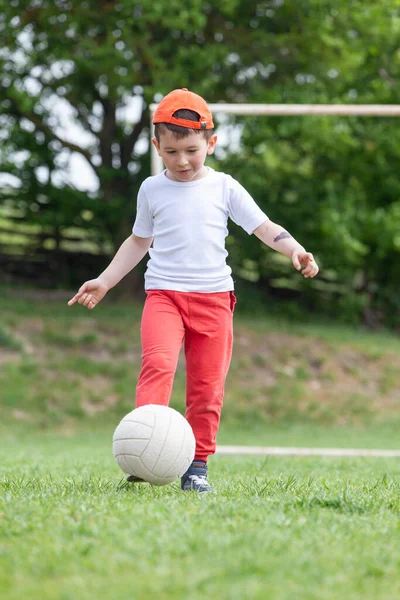 Little Boy Kicking Ball Park Playing Soccer Football Park Sports — Stock Photo, Image