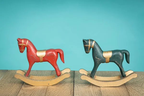 Two Vintage Rocking Horse Wooden Floor Blue Red — Stock Photo, Image