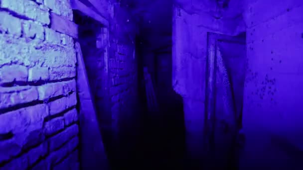 Lanterna Vermelha Azul Subterrâneo Assustador Cave Velhos Armazéns Abandonados Uma — Vídeo de Stock