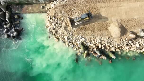 Aerial View Waterfront Construction Site Excavator Bulldozer Working Breakwater Construction — Stock Video