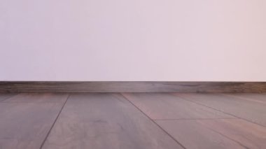 Laminated wood floor with white wall. Empty room with new laminate in new apartment