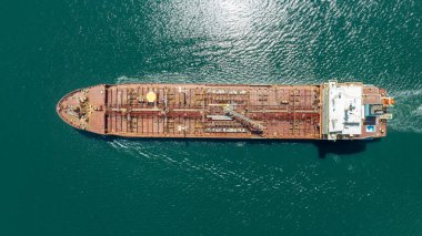 Aerial view of big oil, chemical tanker sails. Tanker ship logistic and transportation business oil and gas industry.