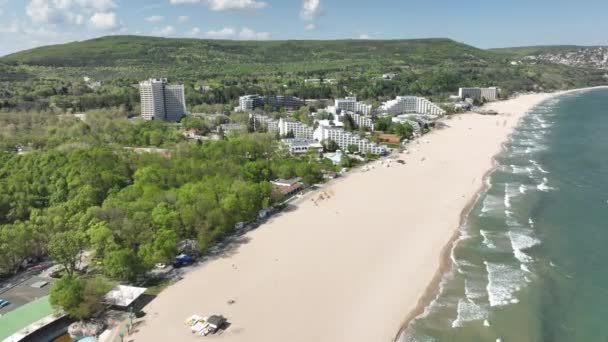 Vedere Aeriană Plajei Hotelurilor Din Albena Bulgaria Albena Este Stațiune — Videoclip de stoc