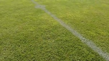 Futbol, futbol sahası çimenleri. Çizgileri kapat ve futbol sahasında çimenler.