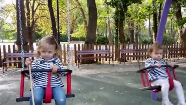 Zwei Kleine Mädchen Die Auf Dem Spielplatz Spielen Brüderliche Zwillingsschwestern — Stockvideo