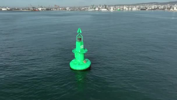 Large Green Buoy Solar Panels Sea — Stock Video