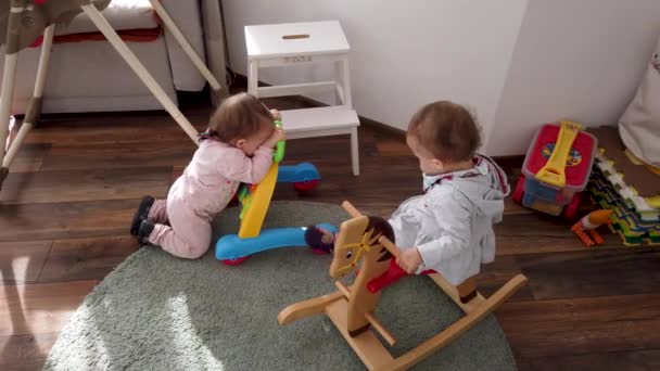 Girls Sisters Playing Toys Floor Home — Stock Video