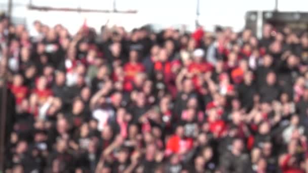スタジアムでサッカーチームをサポートする多くのファン サッカー競技場の人々のぼやけた群衆 スローモーション — ストック動画