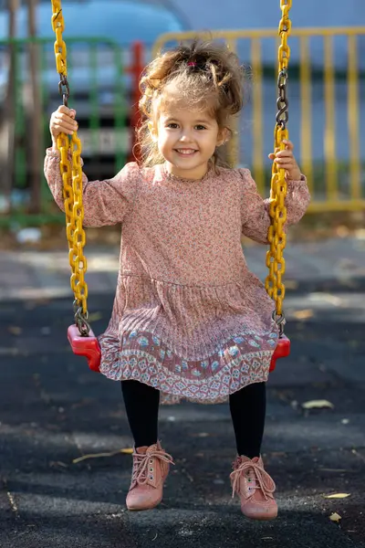Happy Little Girl Having Fun Outdoor Playground Swinging Swing Stock Picture