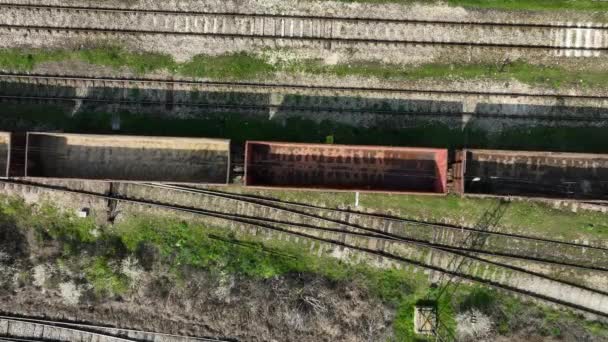 Aerial View Freight Train Empty Containers Empty Wagons Freight Train — Stock Video