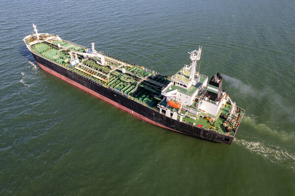 Aerial view of big oil, chemical tanker. Tanker ship logistic and transportation business oil and gas industry.