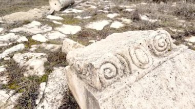 Karmaşık dekoratif desenlere sahip antik bir oyma taş blok Bulgaristan 'ın kuzeydoğusundaki Palmatis kalesinde bulunuyor. Eski bir arkeolojik alandan tarihi bir eser.