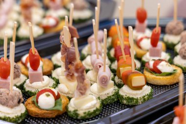 Renkli Kanepeler ve Skewers 'ın Parmak Yiyecekleri ile gurme aperatifi, Düğünler, Etkinlikler ve Kutlamalar için Zarif Parti Yemek Seçimi