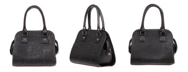 Siyah deri, zarif kadın çantasının üç yüzü. Moda bir kadın çantası, izole edilmiş.