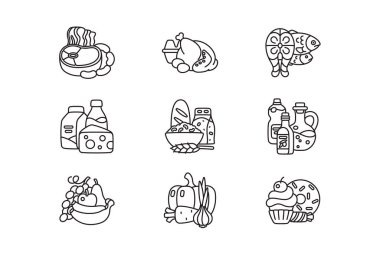 Gıda ürünleri simgeleri çizgi vektör illüstrasyonunu belirler. Et ürünleri, süt ürünleri, fırın, deniz ürünleri, meyve ve sebze ve tatlılar düz konsept