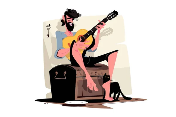 Zigeuner Der Auf Der Gitarre Spielt Straßenkünstler Vektorillustration Der Bärtige — Stockvektor