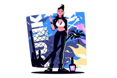 Pretty punk woman in stylish clothes showing rock sign vector illustration. Brutal woman with bit. Popular music and hobby concept clipart