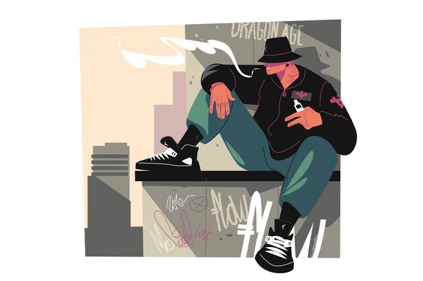 Kumpel Beim Rauchen Von Elektronischen Zigaretten Vektor Illustration Kerl Sitzt — Stockvektor