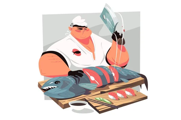 魚を切り出し寿司のベクトルイラストを作るシェフ 赤魚に握りを出す 日本の伝統的な調理法 — ストックベクタ