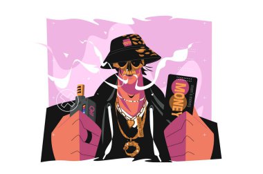 Dövme vektörü illüstrasyonlu bir serseri. Elinde banka kartı olan ve tüttüren bir adam. Modern alt kültür kavramı