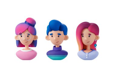 İnsanlar avatarların simgelerini 3 boyutlu olarak gösterirler. Web sitesi tasarımı veya mobil uygulama konsepti için Avatar profil resimleri