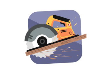 Profesyonel dairesel testere vektör çizimi. Dairesel testere bıçağı ve kesici başlı düz stil kavramı. Ahşap işçiliği, marangozluk ve ahşap işçiliği