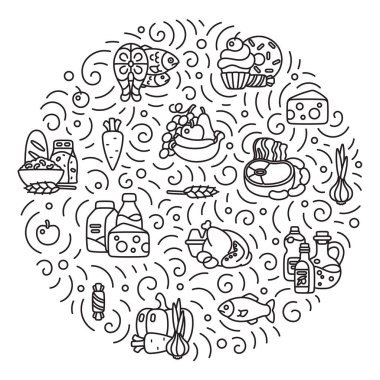 Çizgi ikonlarıyla, vektör illüstrasyonuyla karalama tarzında yiyecek ürünlerinin yuvarlak bileşimi. Et ürünleri, süt ürünleri, fırın, deniz ürünleri, meyve ve sebze ve tatlı