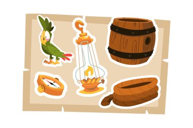 Korsanların macera simgeleri vektör illüstrasyonunu belirledi. Çizgi film papağanı, pusula, fıçı, lamba ve ip düz stil konsepti.