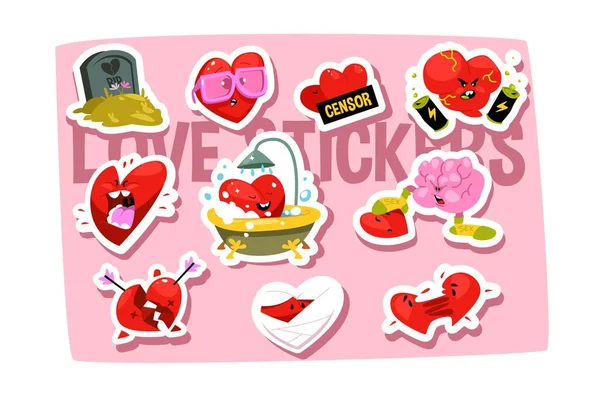 Funny cartoon heart character emotions set vector illustration. Cute heart showing different emotions flat style concept