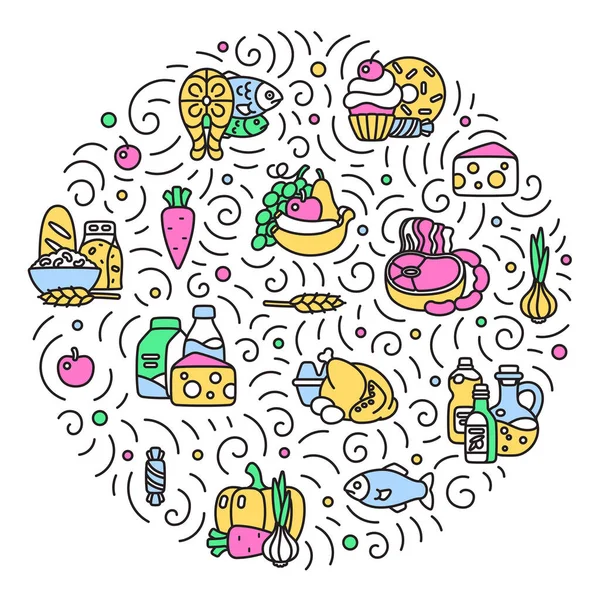 圆圆的食品组成的涂鸦风格与线条图标 矢量插图 肉类产品 奶制品 面包店 蔬菜和糖果 — 图库矢量图片