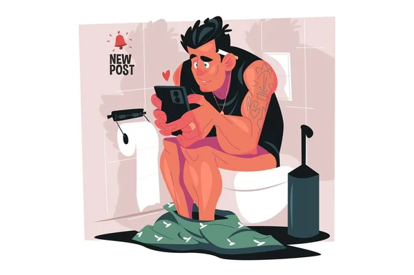 Man Sitting Home Toilet Using Mobile Phone Vector Illustration Guy — Stock Vector