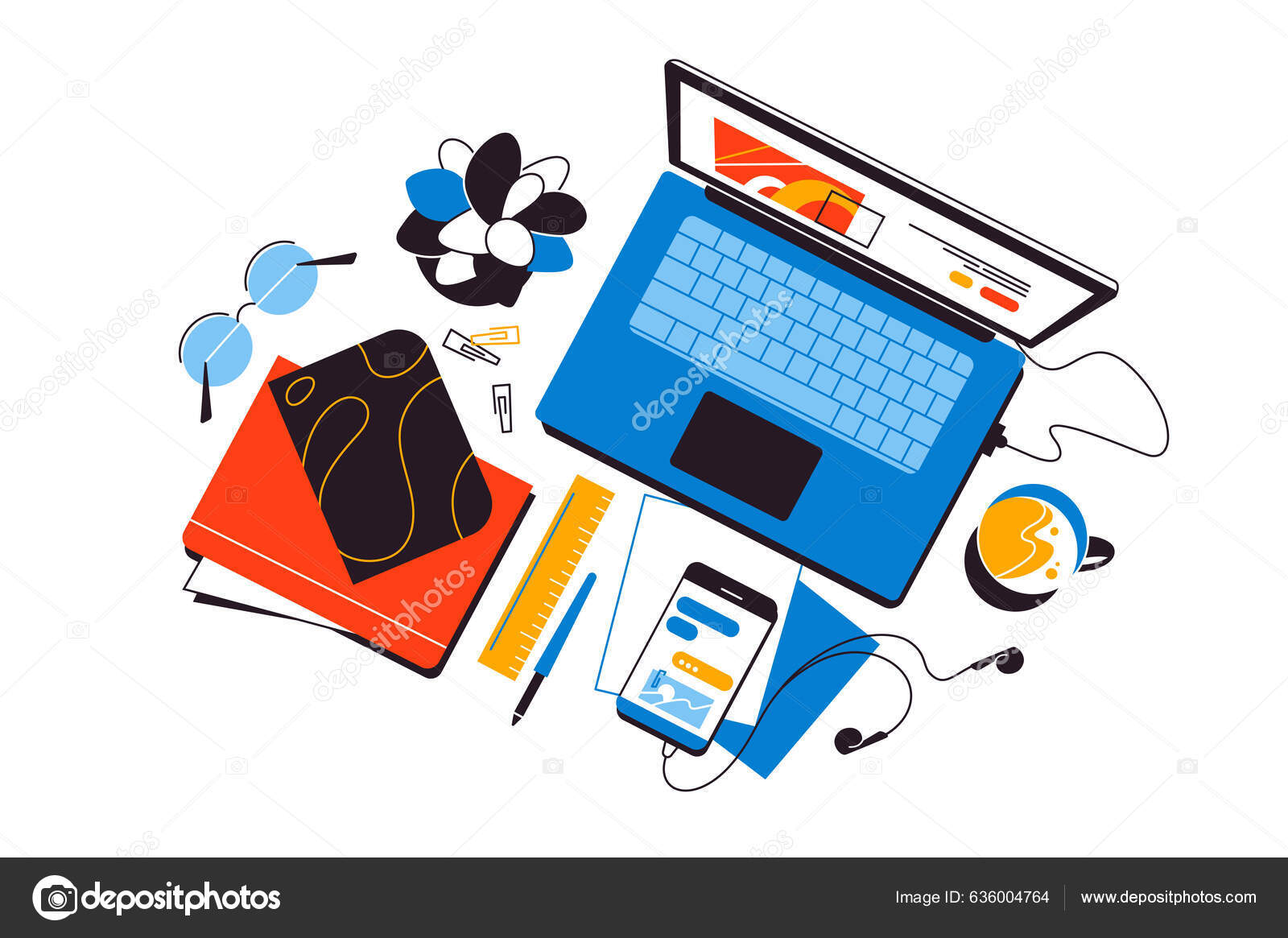 Top View Desk Top Workspace Laptop Other Office Equipment Vector Stock Vector Image by