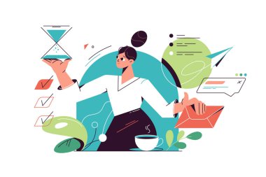 Woman working on multiple tasks. Work efficiency and effective workflow concept vector illustration.