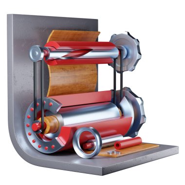 Abstract composition of details on metal stand 3d rendered illustration. Metal, wooden and plastic components of single mechanism with gears and rings concept