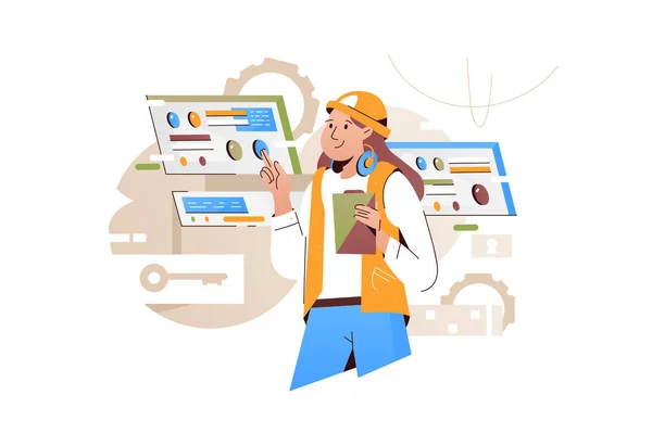 Construction Site Woman Vector Illustration Female Worker Managing Control Panel — Wektor stockowy