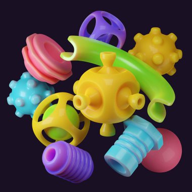 Abstract composition of colourful plastic details of different shapes 3d rendered illustration. Round shaped, gears pipes details. Components of mechanism concept