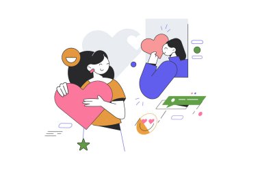 Valentines Day vector Illustration featuring two women holding hearts and surrounded by messages and smiley faces.