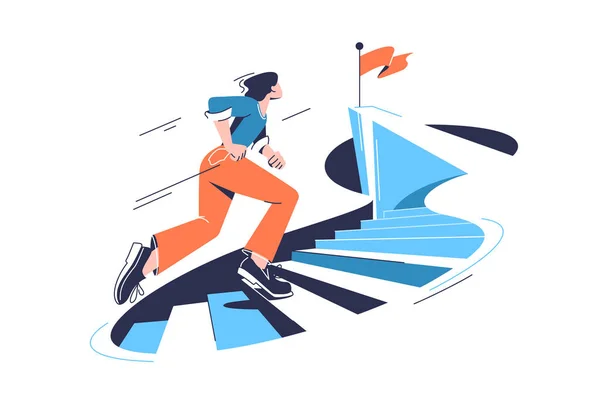 Женщина Бежит Вершине Лестнице Цели Векторная Иллюстрация Концепция Личного Роста — стоковый вектор