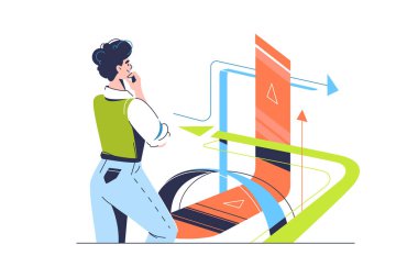 Farklı yönleri takip eden birkaç oka bakan kadın, vektör illüstrasyonu. Kontrol duygusu ve karar verme kavramı.