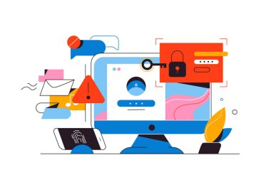 Digital security in modern technology world vector illustration. A computer with lock and key signs along with phone and more security related symbols.