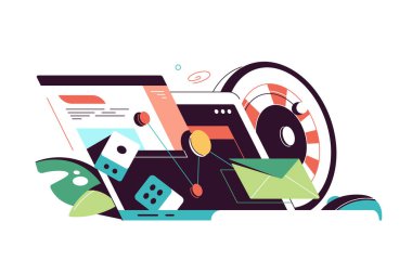 Business as gambling vector illustration. Laptop with rising graph, coins, roulette and dice, high-stakes decisions and uncertain outcomes concept.