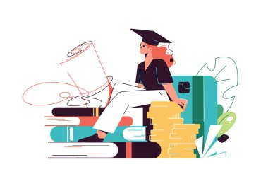 Student sitting on stack of coins and books, cost of education concept vector illustration. Bank card and leaves in the background. Paying for education.