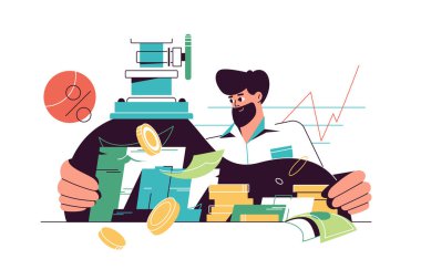 Cashflow concept with businessman holding pipe with money going inside tube, concept vector illustration.