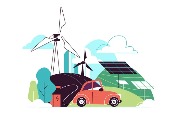 Зелені Джерела Енергії Електричний Автомобіль Векторні Ілюстрації Сонячна Вітрова Гідро — стоковий вектор