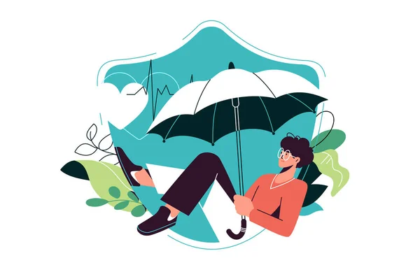 Shield Protection Character Holding Umbrella Insurance Concept Vector Illustration — Stock Vector