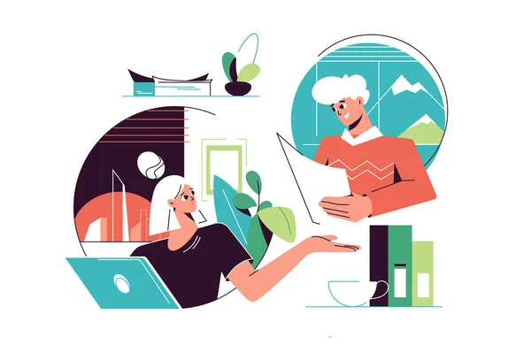 Coworkers Communicate Distance Remote Work Concept Vector Illustration — Stock vektor