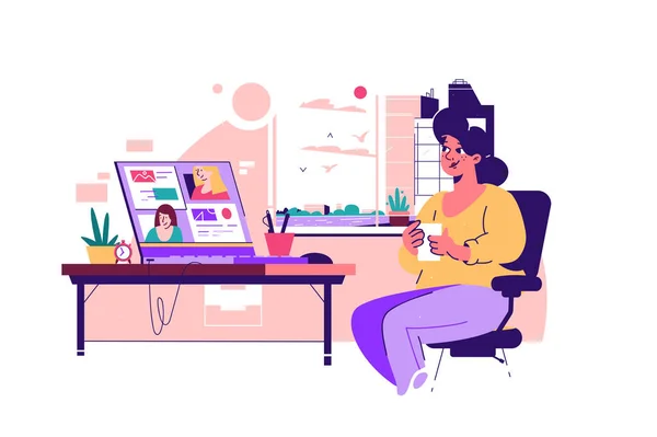 Girl Sits Desk Laptop Video Conference Colleagues Vector Illustration Woman — Vetor de Stock