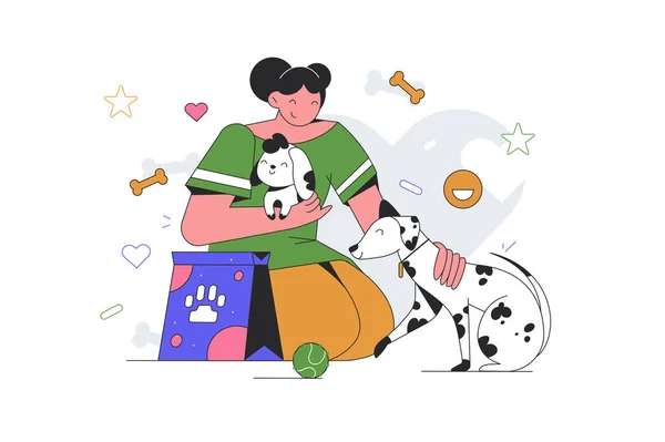 Help Homeless Needy Animals Vector Illustration Animal Care Woman Volunteer — 图库矢量图片